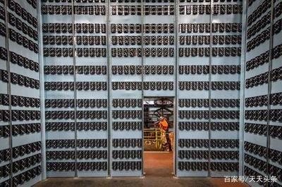 A modern Bitcoin mining farm with rows of mining rigs.